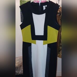 Emma & Michele Black, White, Chartreuse Colorblock Sheath Dress